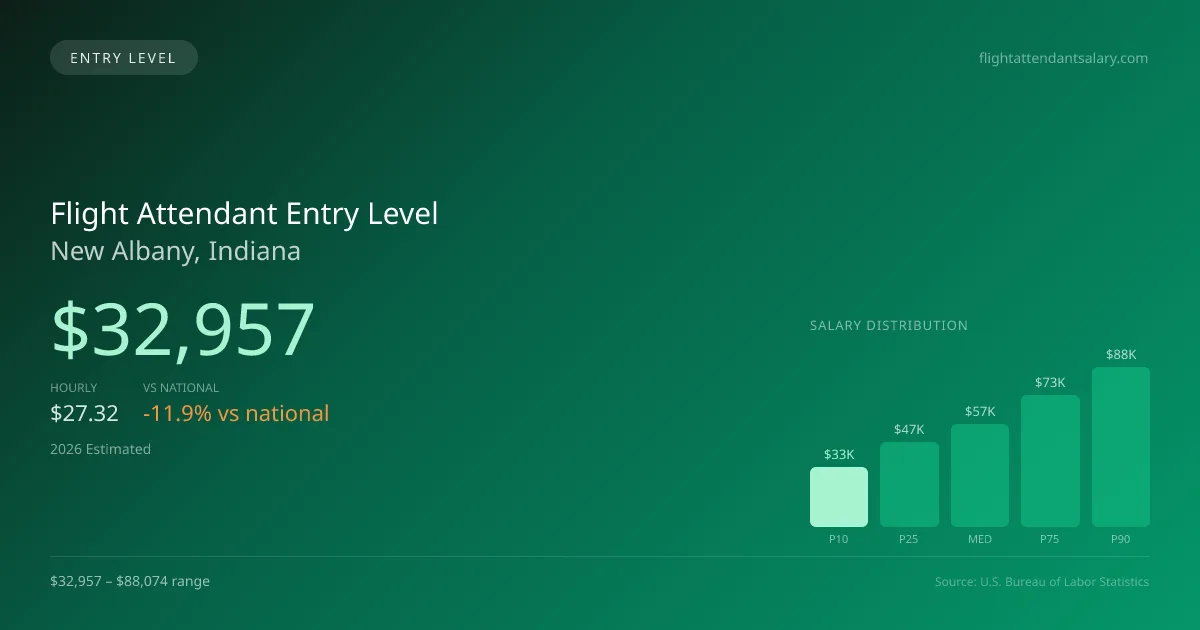Flight Attendant Entry Level Salary in New Albany, IN — 2026 est., based on 2025 BLS