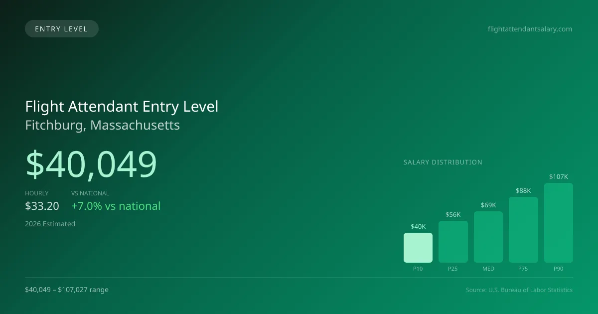 Flight Attendant Entry Level Salary in Fitchburg, MA — 2026 est., based on 2025 BLS