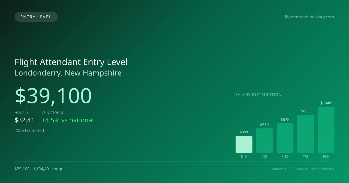 Flight Attendant Entry Level Salary in Londonderry, NH — 2026 est., based on 2025 BLS