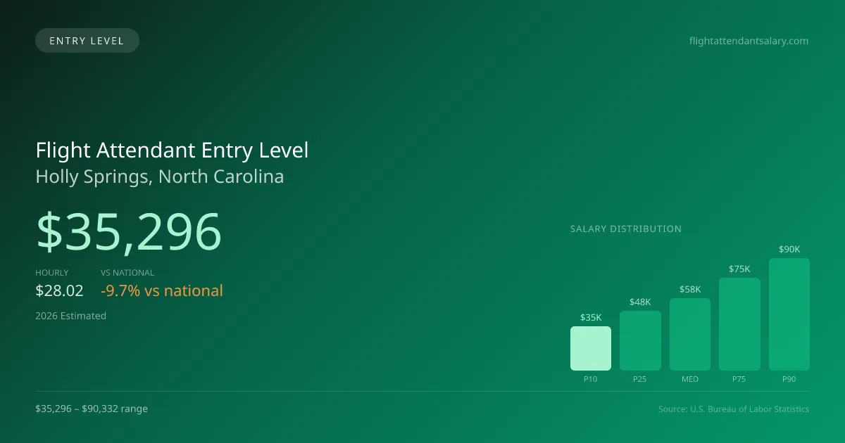 Flight Attendant Entry Level Salary in Holly Springs, NC — 2026 est., based on 2025 BLS