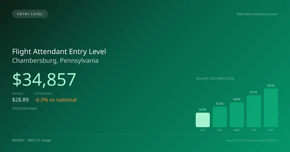 Flight Attendant Entry Level Salary in Chambersburg, PA — 2026 est., based on 2025 BLS