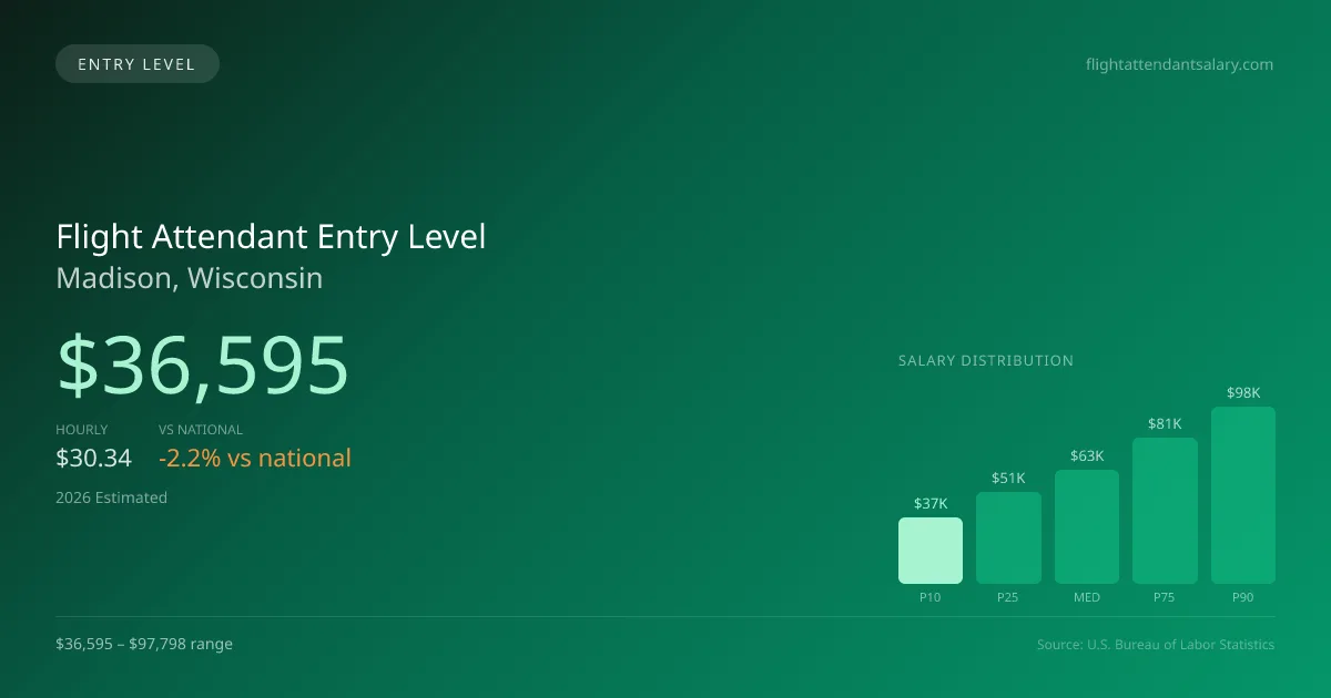 Flight Attendant Entry Level Salary in Madison, WI — 2026 est., based on 2025 BLS