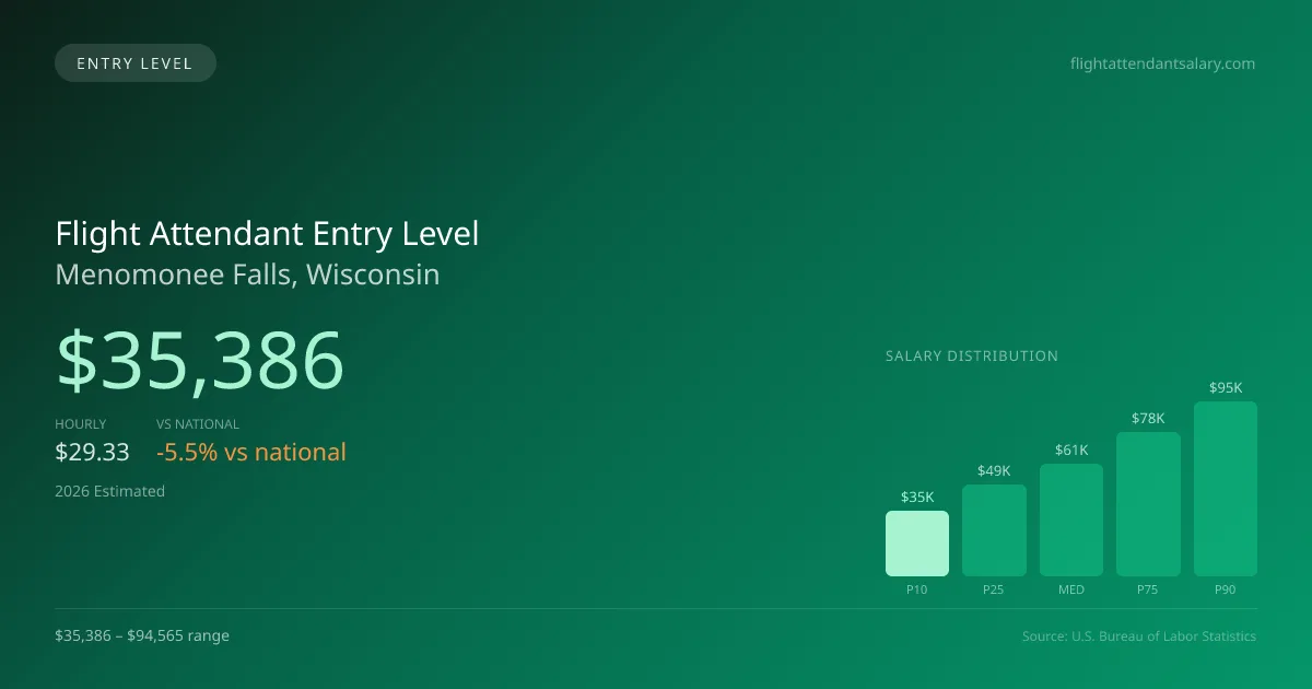 Flight Attendant Entry Level Salary in Menomonee Falls, WI — 2026 est., based on 2025 BLS