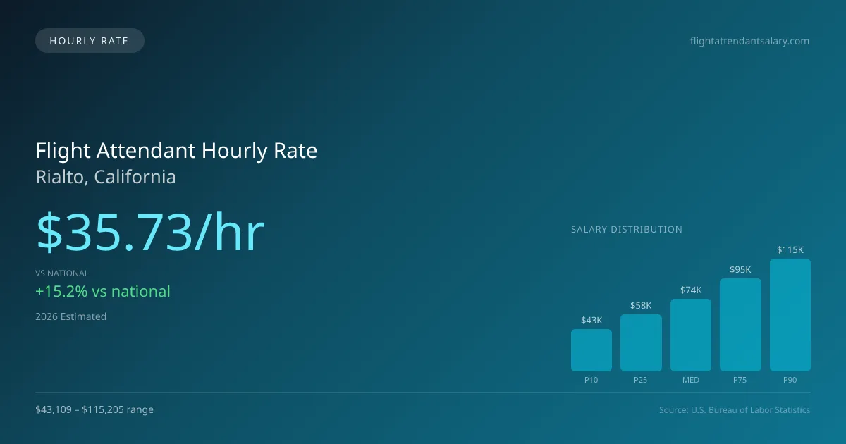Flight Attendant Hourly Rate in Rialto, CA — 2026 est., based on 2025 BLS
