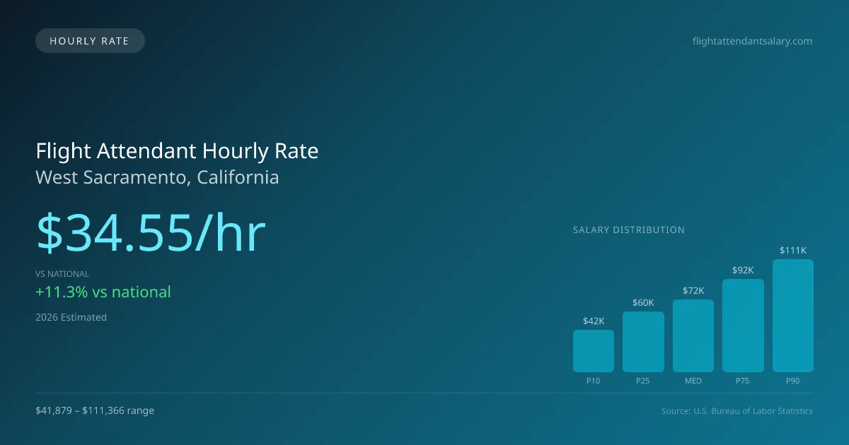 Flight Attendant Hourly Rate in West Sacramento, CA — 2026 est., based on 2025 BLS