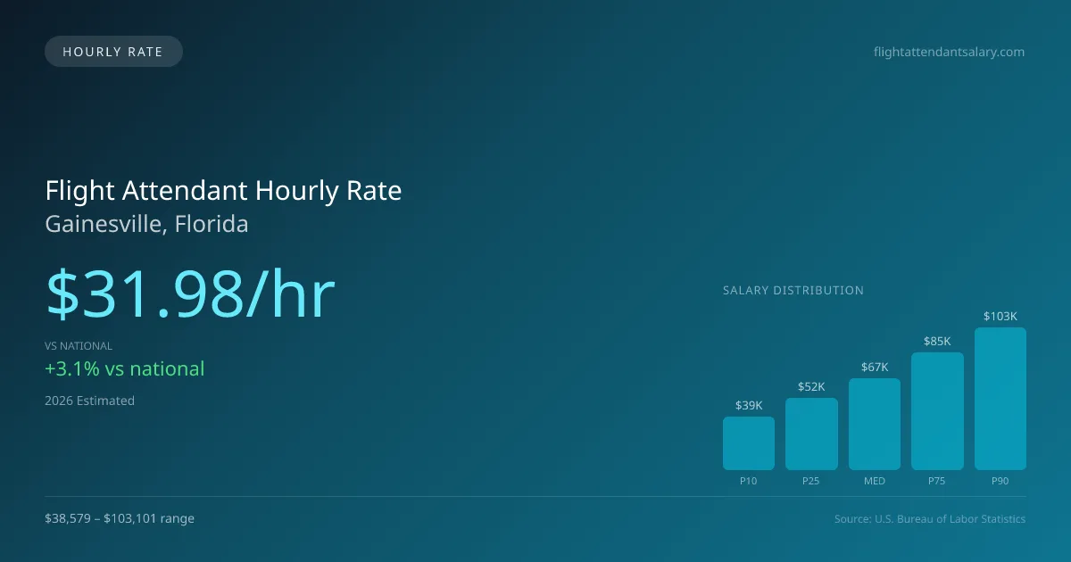 Flight Attendant Hourly Rate in Gainesville, FL — 2026 est., based on 2025 BLS
