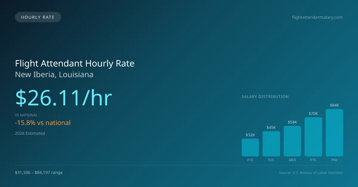 Flight Attendant Hourly Rate in New Iberia, LA — 2026 est., based on 2025 BLS