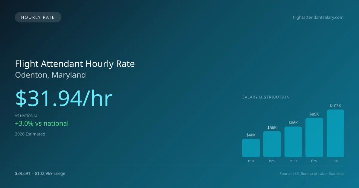 Flight Attendant Hourly Rate in Odenton, MD — 2026 est., based on 2025 BLS