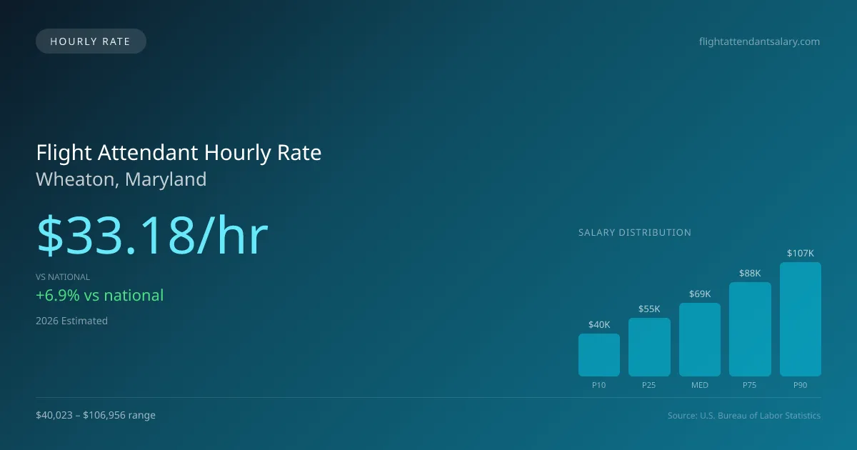 Flight Attendant Hourly Rate in Wheaton, MD — 2026 est., based on 2025 BLS