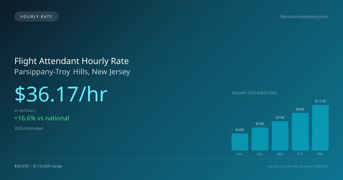 Flight Attendant Hourly Rate in Parsippany-Troy Hills, NJ — 2026 est., based on 2025 BLS