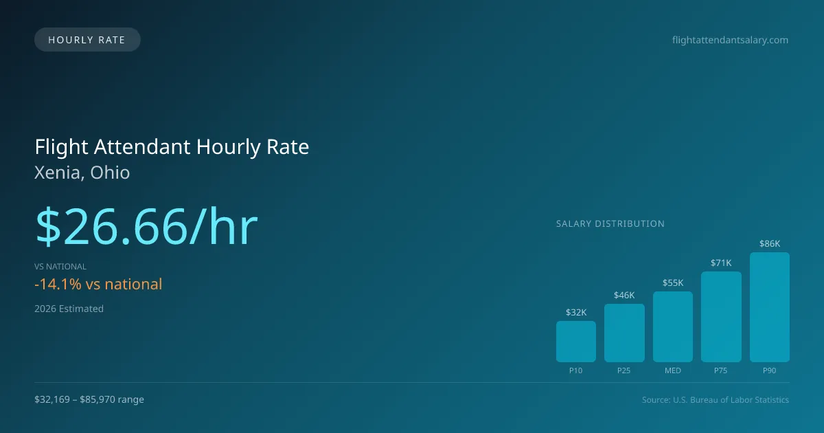 Flight Attendant Hourly Rate in Xenia, OH — 2026 est., based on 2025 BLS