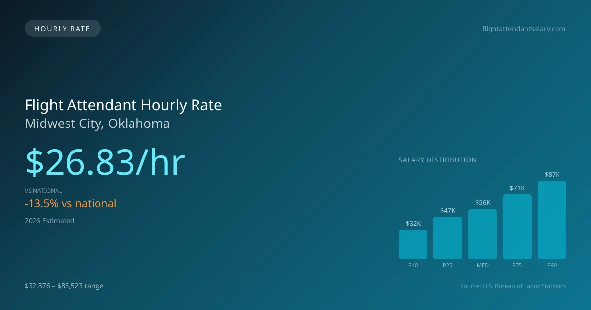 Flight Attendant Hourly Rate in Midwest City, OK — 2026 est., based on 2025 BLS