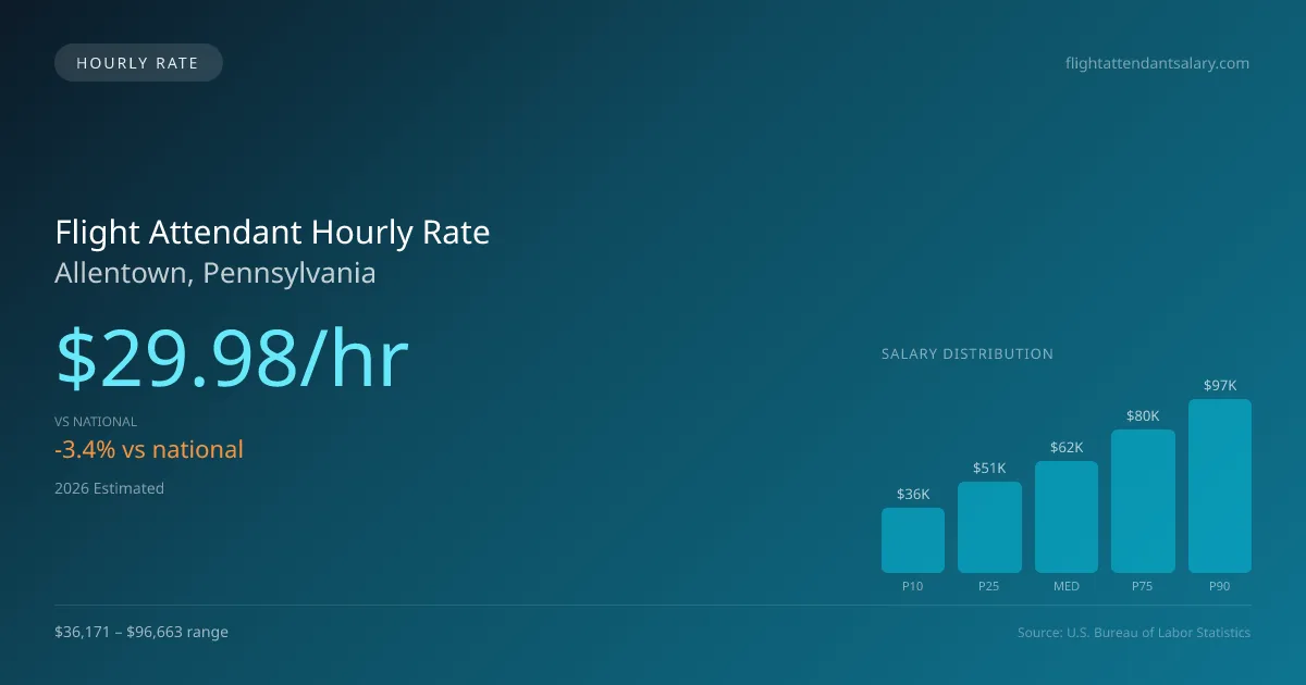 Flight Attendant Hourly Rate in Allentown, PA — 2026 est., based on 2025 BLS