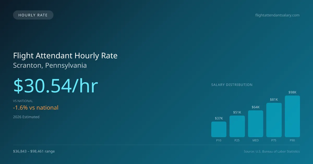 Flight Attendant Hourly Rate in Scranton, PA — 2026 est., based on 2025 BLS