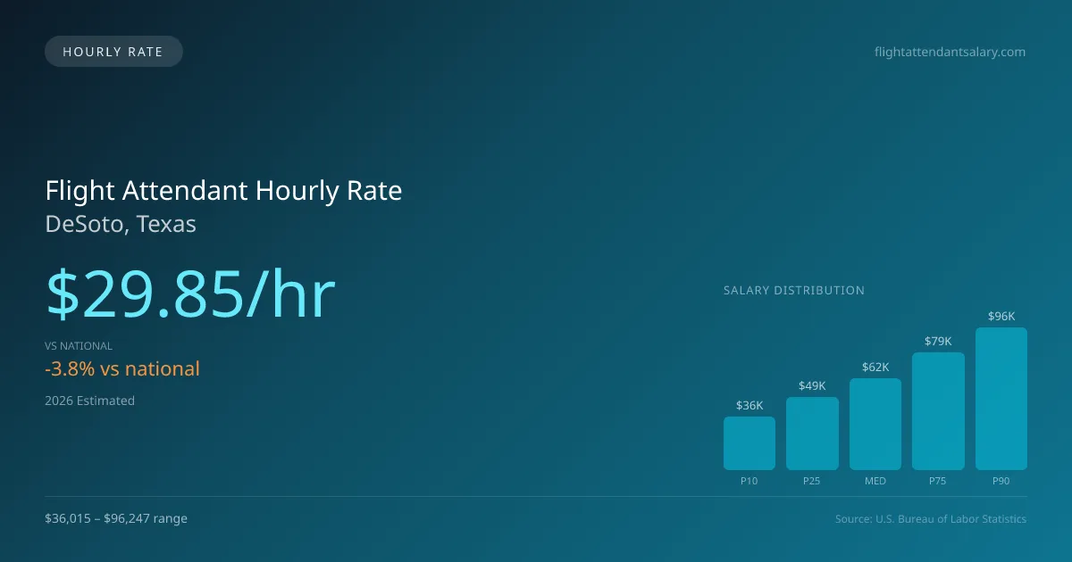 Flight Attendant Hourly Rate in DeSoto, TX — 2026 est., based on 2025 BLS
