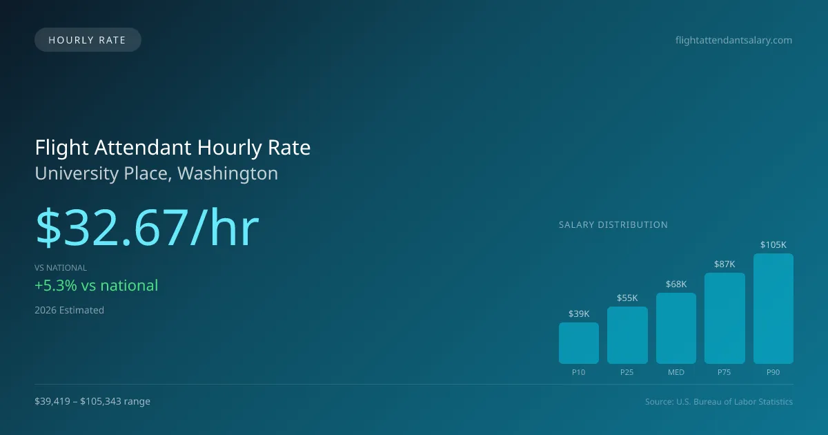Flight Attendant Hourly Rate in University Place, WA — 2026 est., based on 2025 BLS