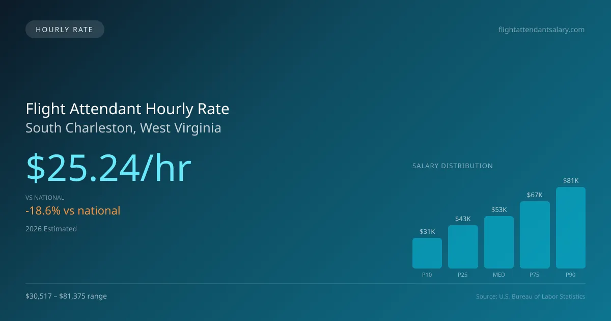 Flight Attendant Hourly Rate in South Charleston, WV — 2026 est., based on 2025 BLS