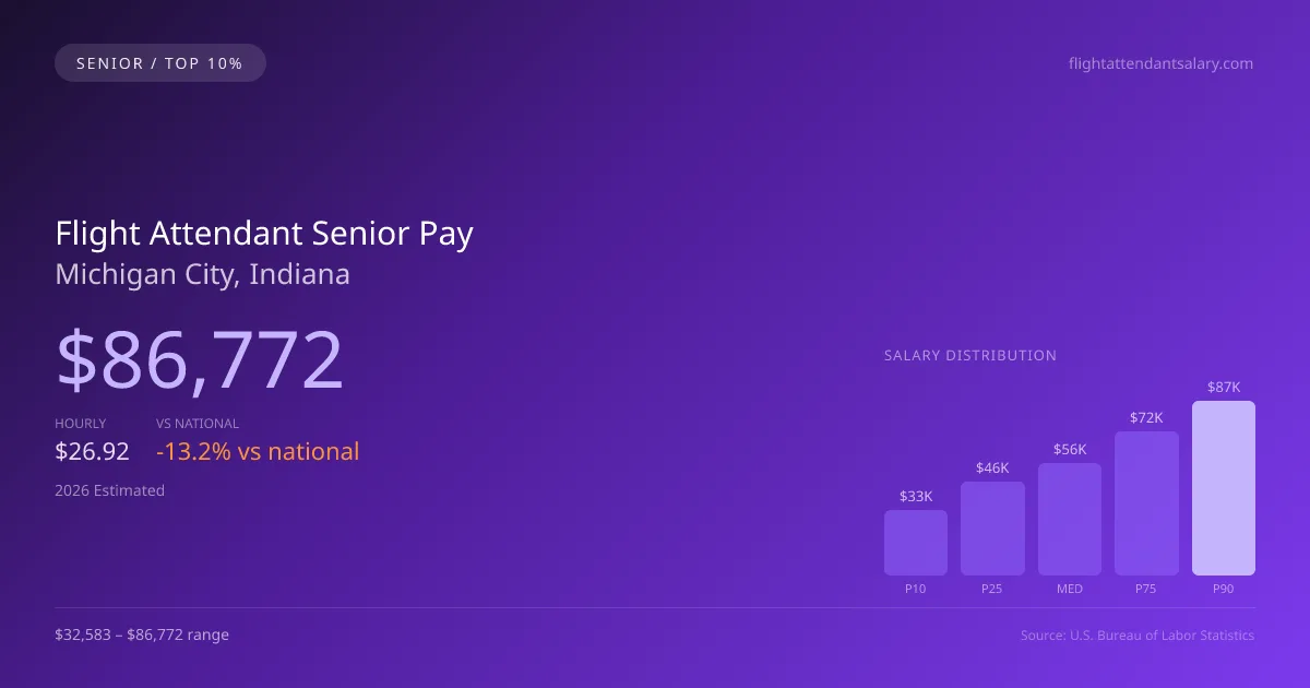 Flight Attendant Senior Salary in Michigan City, IN — 2026 est., based on 2025 BLS