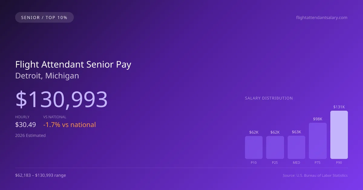 Flight Attendant Senior Salary in Detroit, MI — 2026 est., based on 2025 BLS