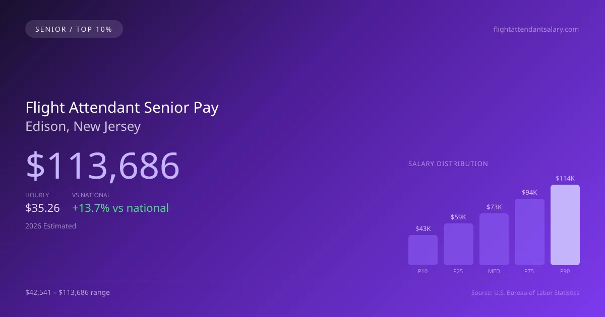 Flight Attendant Senior Salary in Edison, NJ — 2026 est., based on 2025 BLS