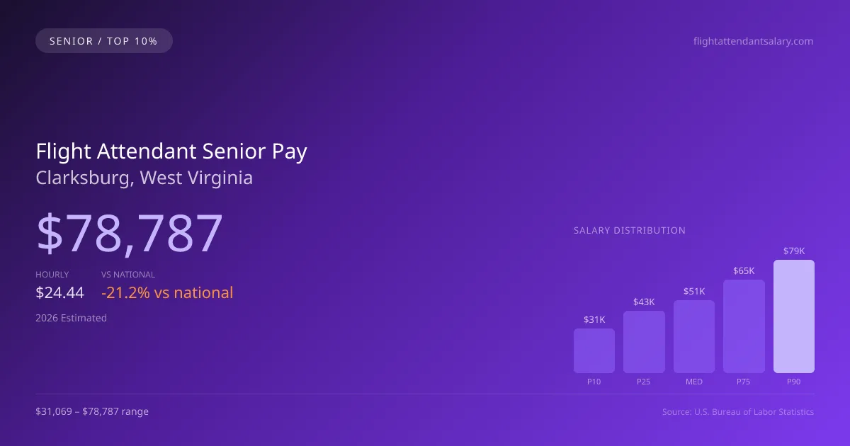Flight Attendant Senior Salary in Clarksburg, WV — 2026 est., based on 2025 BLS